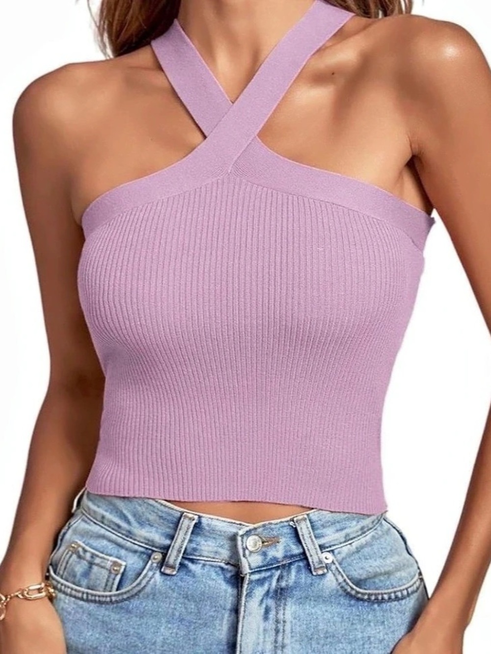 Babaton Sculpt Knit Criss Cross Halter Top Lavender Purple Size Small
